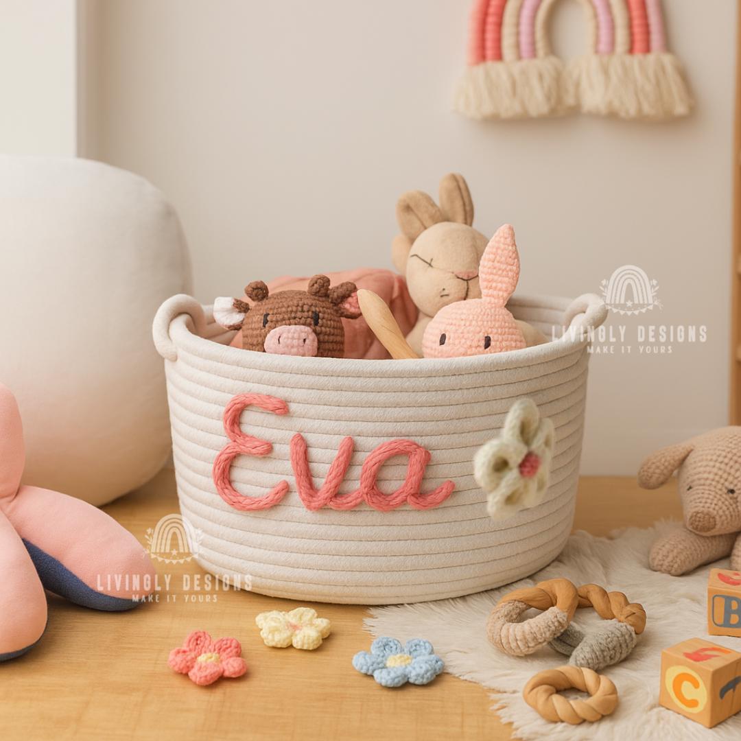Personalized Name Storage Basket | Custom Rope Bin for Kids Toys & Nursery | Embroidered Organizer | Playroom or Home Decor Gift