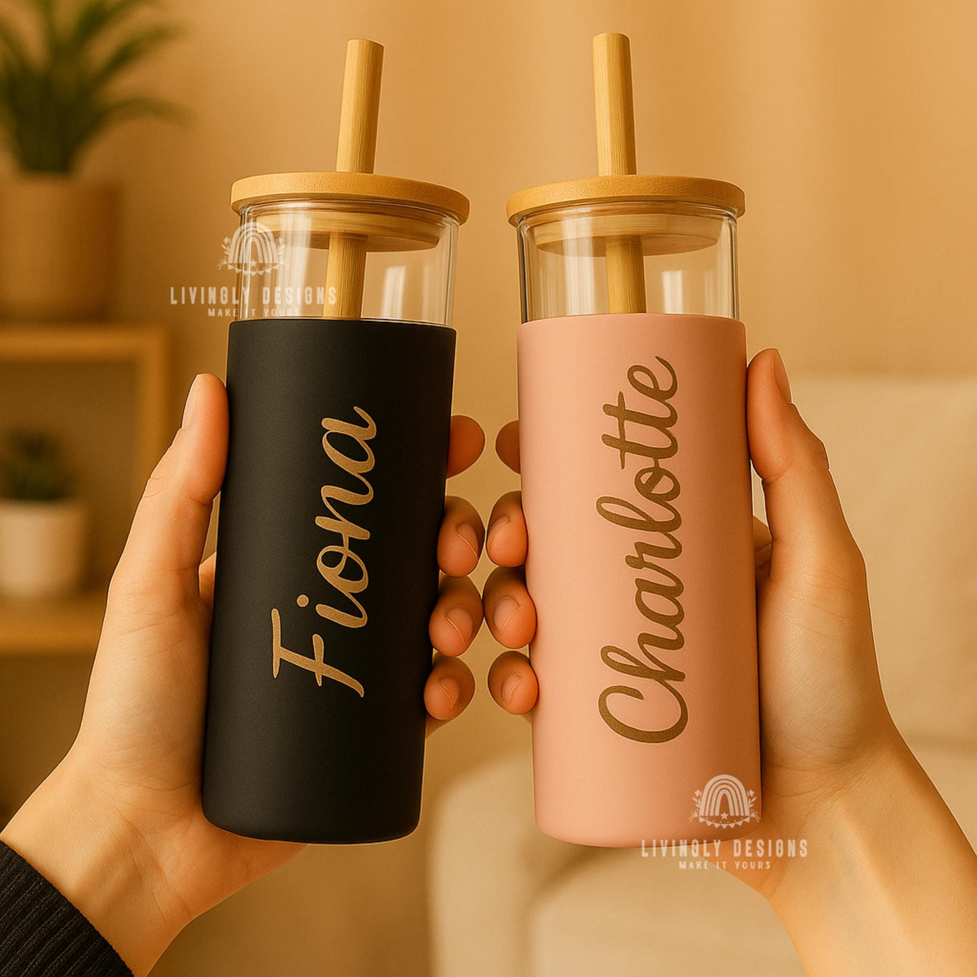 Personalized Name Tumbler | Custom Glass Tumbler Cup, Glass Tumbler Name | Glass & Silicone Travel Cup, Sleeve and Straw | Custom Gift Idea