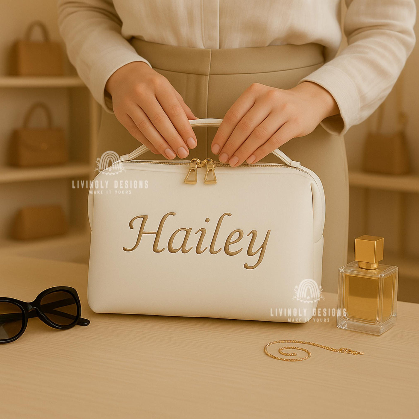 Personalized Name Leather Toiletry Bag | Custom Name Embroidered Travel Case | White Makeup Organizer | Bridesmaids Wedding Gift Idea