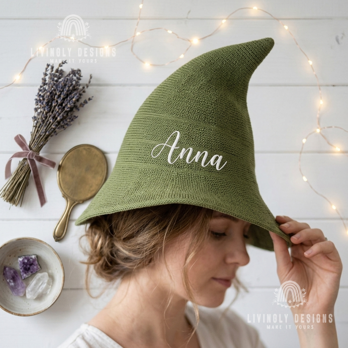 Personalized Embroidered Knit Witch Hat: Foldable Halloween Costume