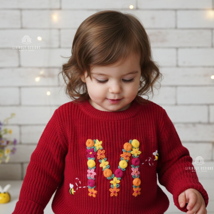 Custom Embroidered Baby Sweater: Fall Floral Bee Monogram