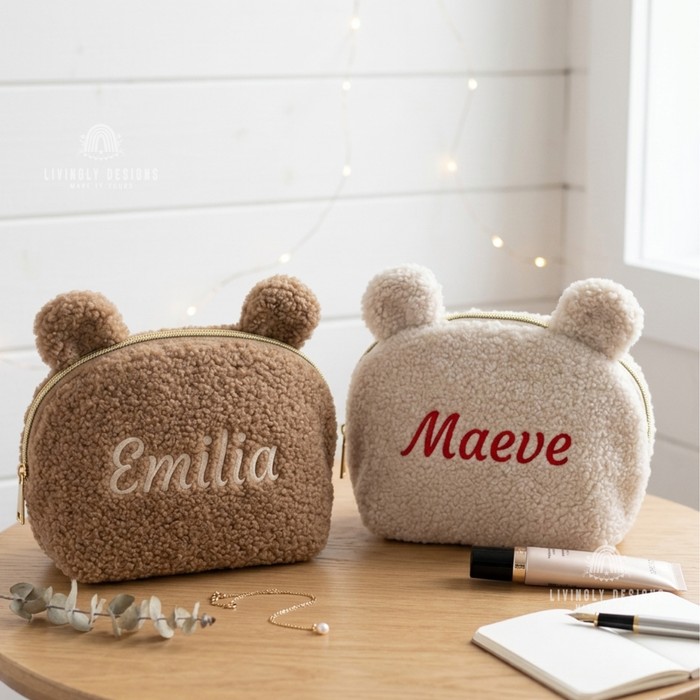 Custom Name Embroidered Plush Bear Travel Pouch