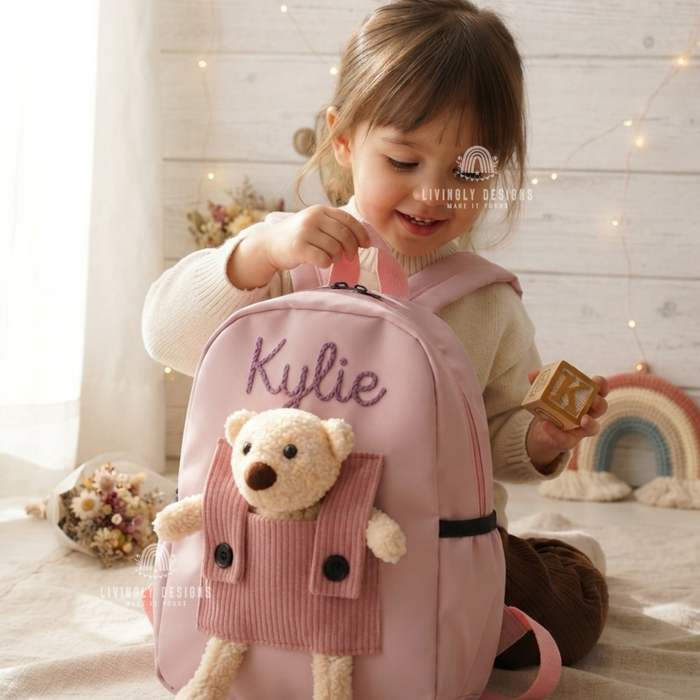 Personalized Hand-Embroidered Name Teddy Bear Backpack
