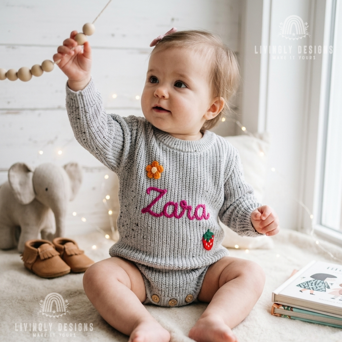 Custom Hand-Embroidered Knit Baby Romper