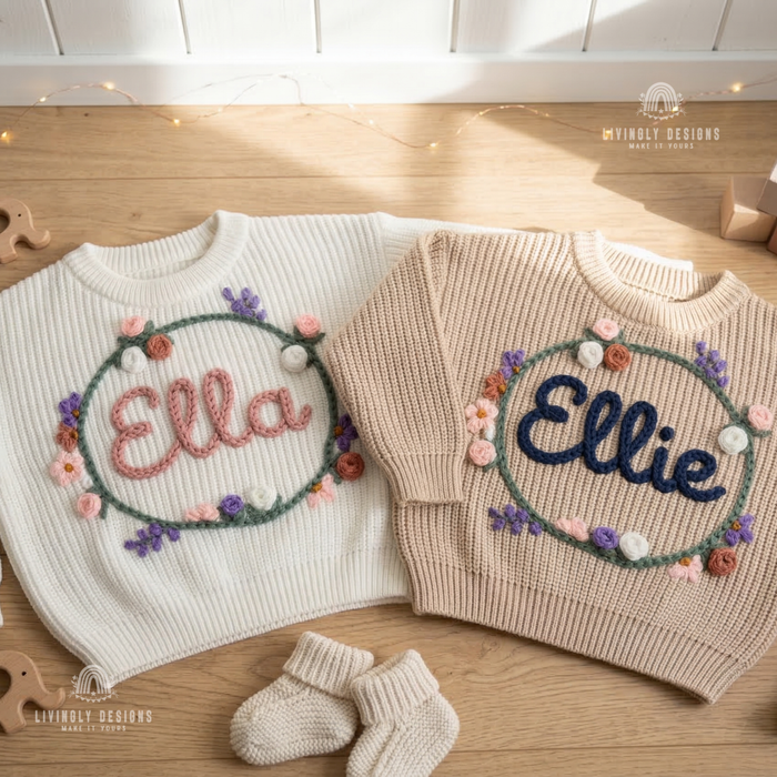 Hand Embroidered Floral Wreath Baby Sweater