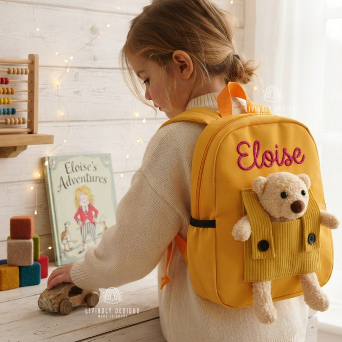 Personalized Hand-Embroidered Name Teddy Bear Backpack