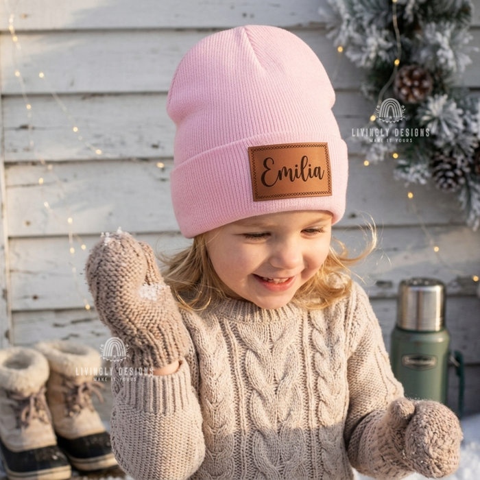 Custom Name Leather Patch Baby Beanie