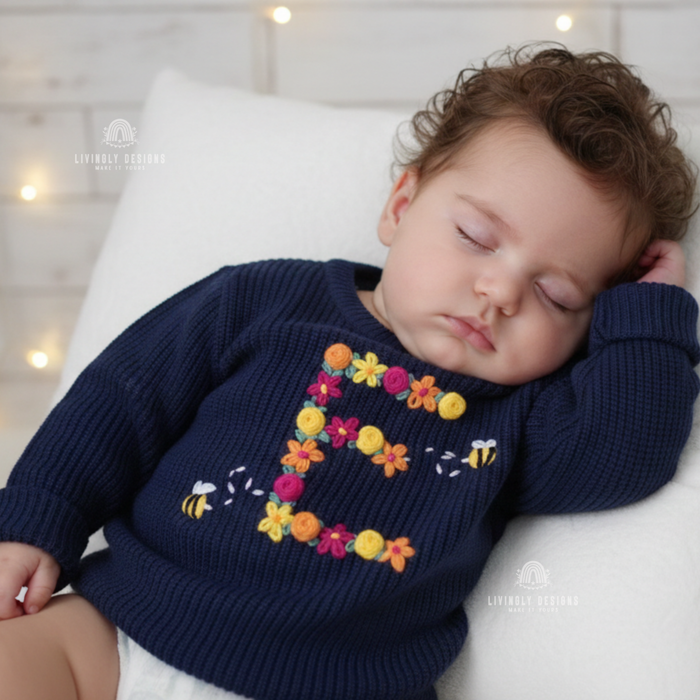 Custom Embroidered Baby Sweater: Fall Floral Bee Monogram