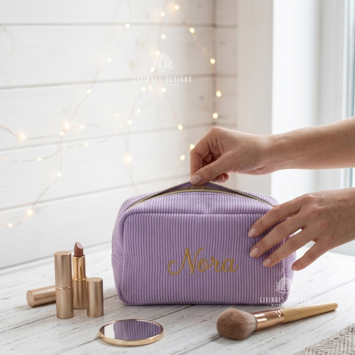 Embroidered Corduroy Makeup Bag