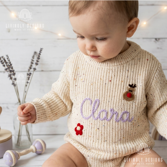 Custom Hand-Embroidered Knit Baby Romper