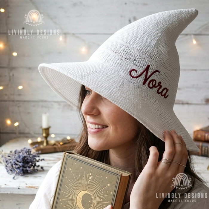 Personalized Embroidered Knit Witch Hat: Foldable Halloween Costume