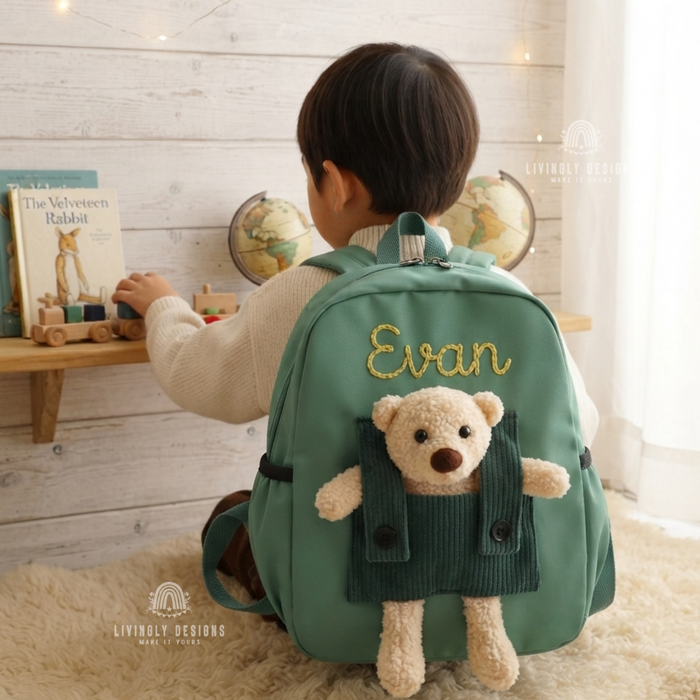 Personalized Hand-Embroidered Name Teddy Bear Backpack
