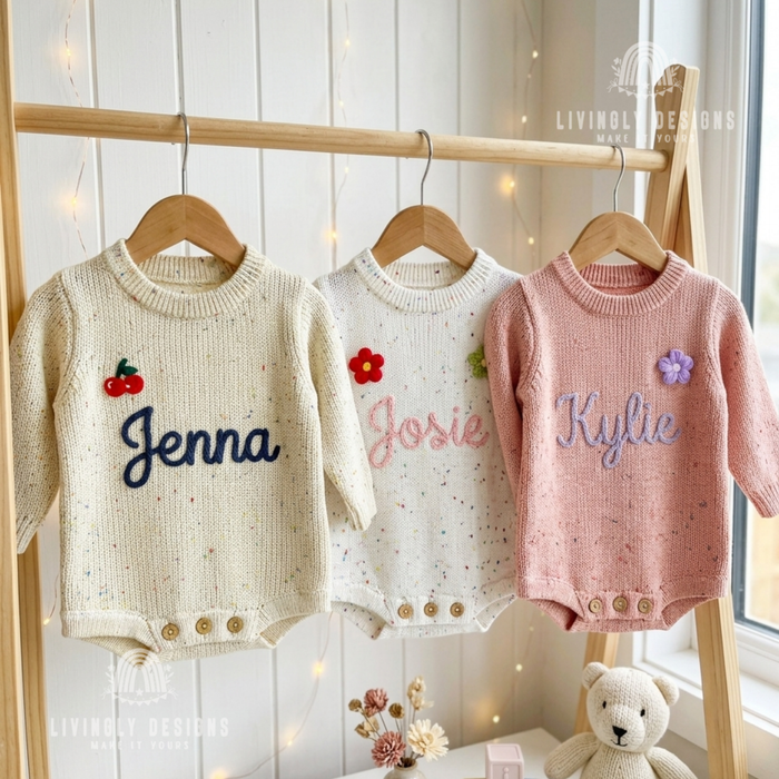 Custom Hand-Embroidered Knit Baby Romper