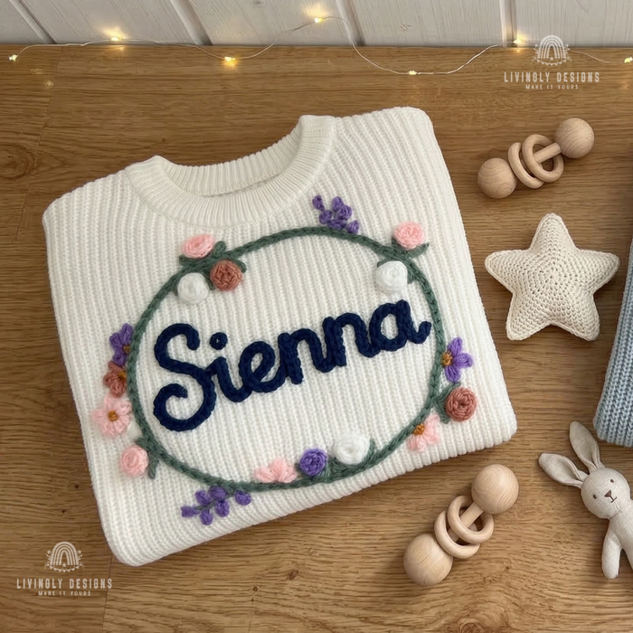 Hand Embroidered Floral Wreath Baby Sweater
