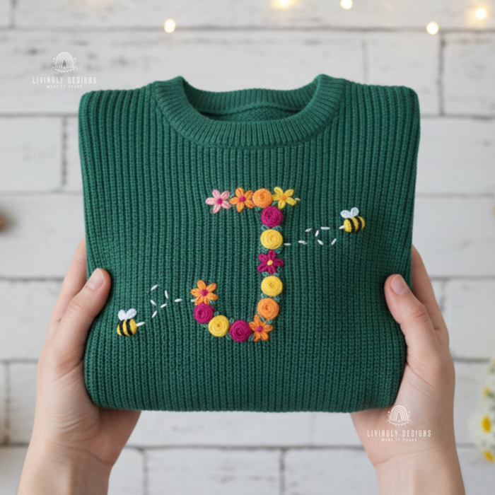 Custom Embroidered Baby Sweater: Fall Floral Bee Monogram