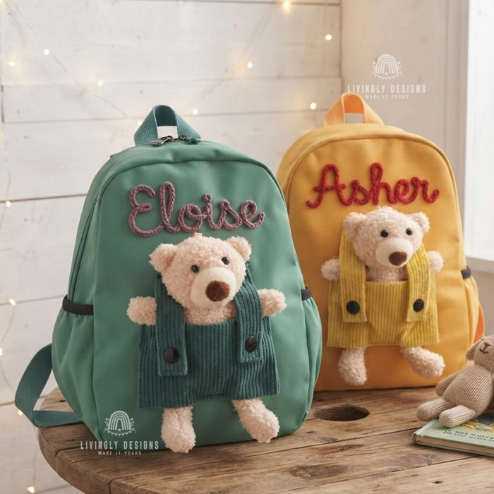 Personalized Hand-Embroidered Name Teddy Bear Backpack