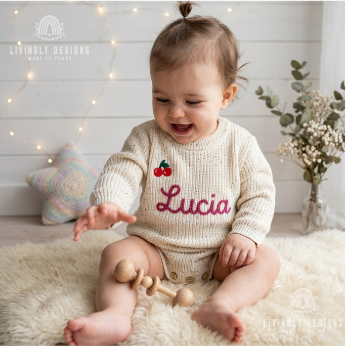 Custom Hand-Embroidered Knit Baby Romper