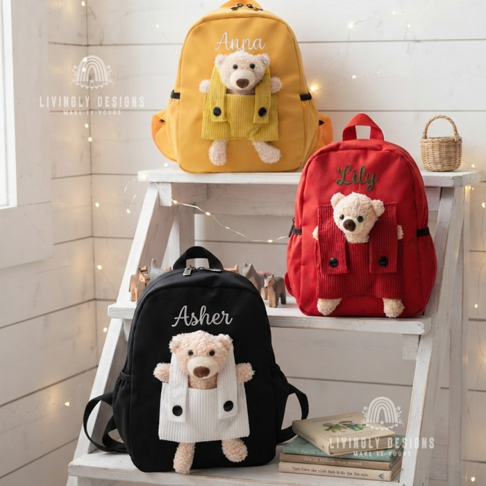 Personalized Teddy Bear Backpack Machine Embroidered Kids School Bag