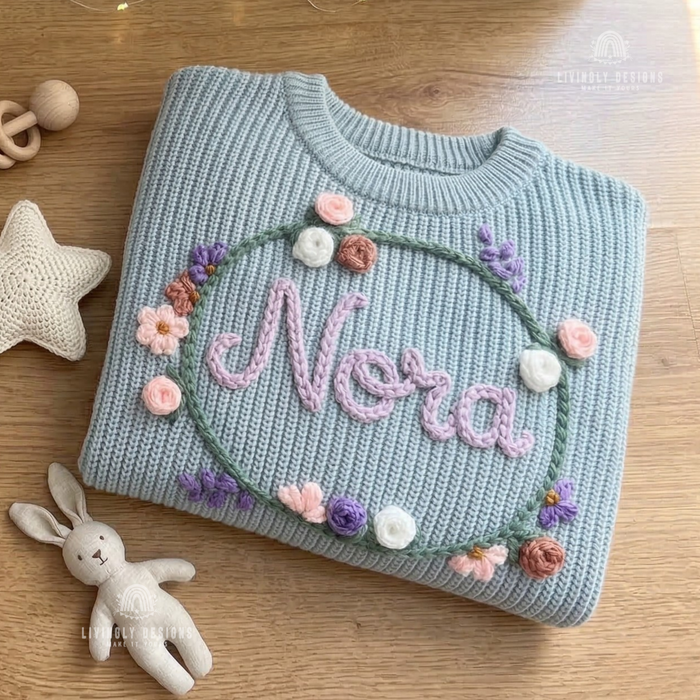 Hand Embroidered Floral Wreath Baby Sweater