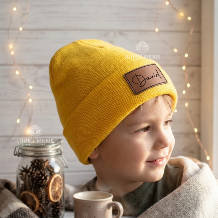 Custom Name Leather Patch Baby Beanie