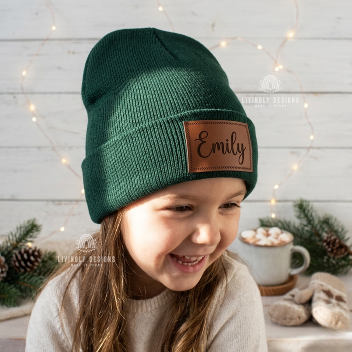 Custom Name Leather Patch Baby Beanie