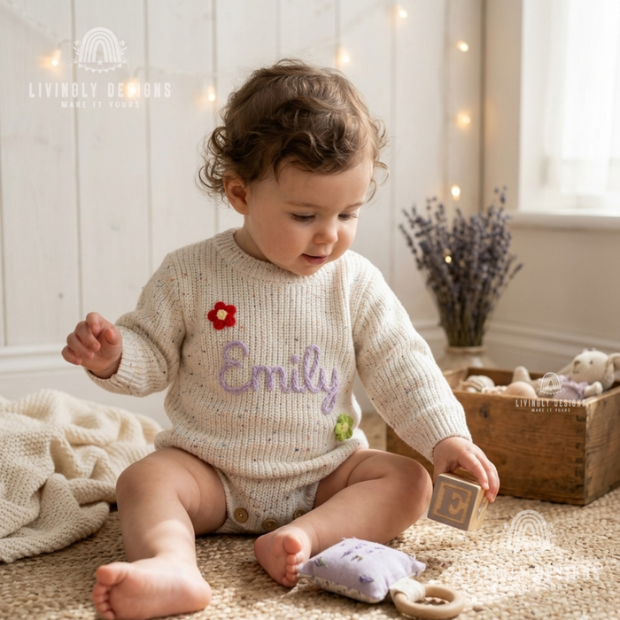 Custom Hand-Embroidered Knit Baby Romper