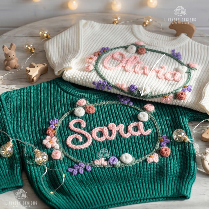 Hand Embroidered Floral Wreath Baby Sweater
