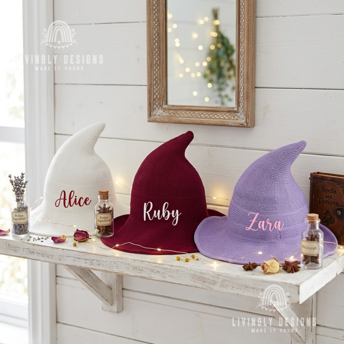 Personalized Embroidered Knit Witch Hat: Foldable Halloween Costume
