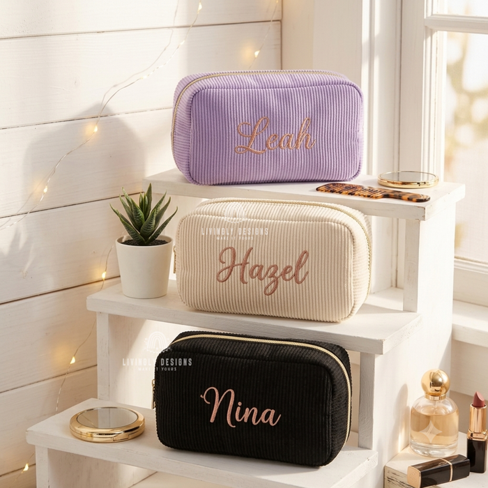 Embroidered Corduroy Makeup Bag