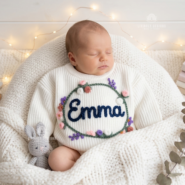 Hand Embroidered Floral Wreath Baby Sweater