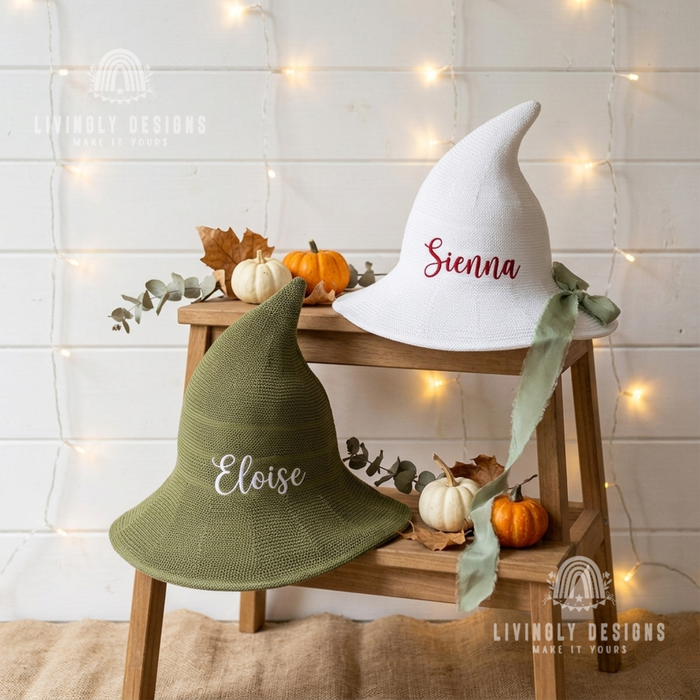 Personalized Embroidered Knit Witch Hat: Foldable Halloween Costume