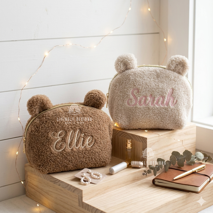 Custom Name Embroidered Plush Bear Travel Pouch