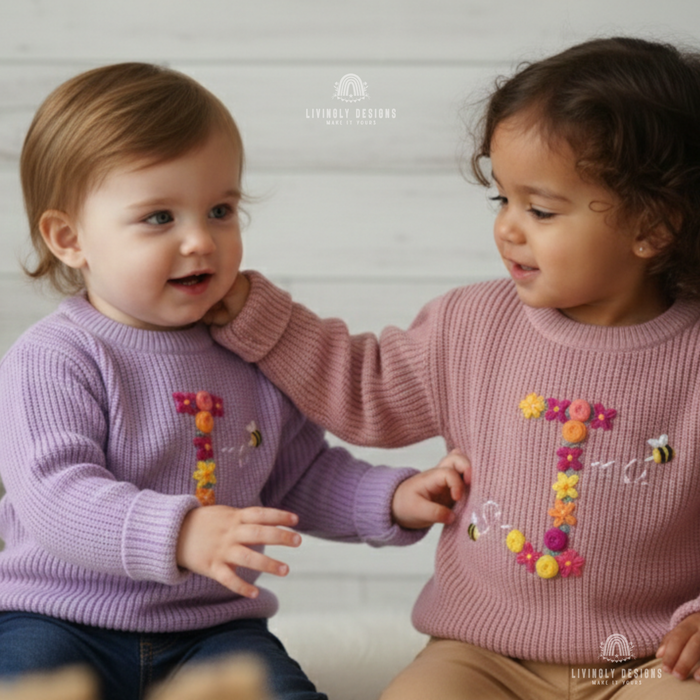 Custom Embroidered Baby Sweater: Fall Floral Bee Monogram