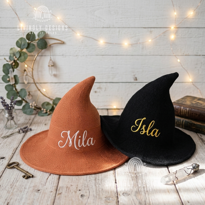 Personalized Embroidered Knit Witch Hat: Foldable Halloween Costume