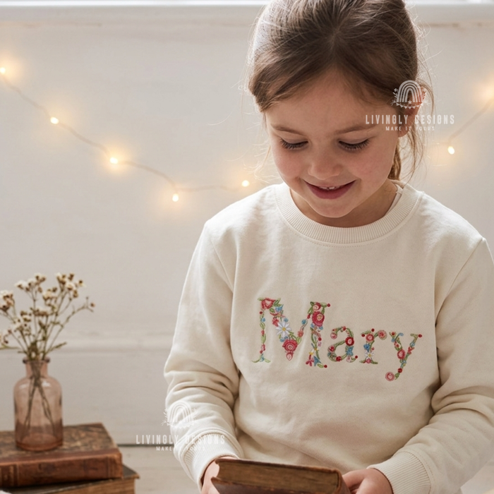 Personalized Floral Name Embroidered Kids Sweater