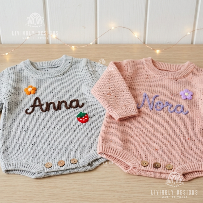 Custom Hand-Embroidered Knit Baby Romper