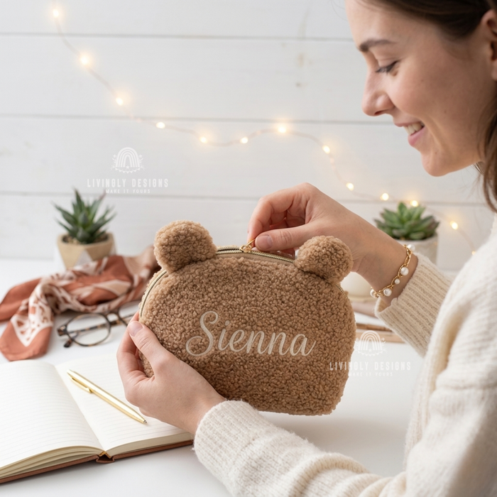 Custom Name Embroidered Plush Bear Travel Pouch