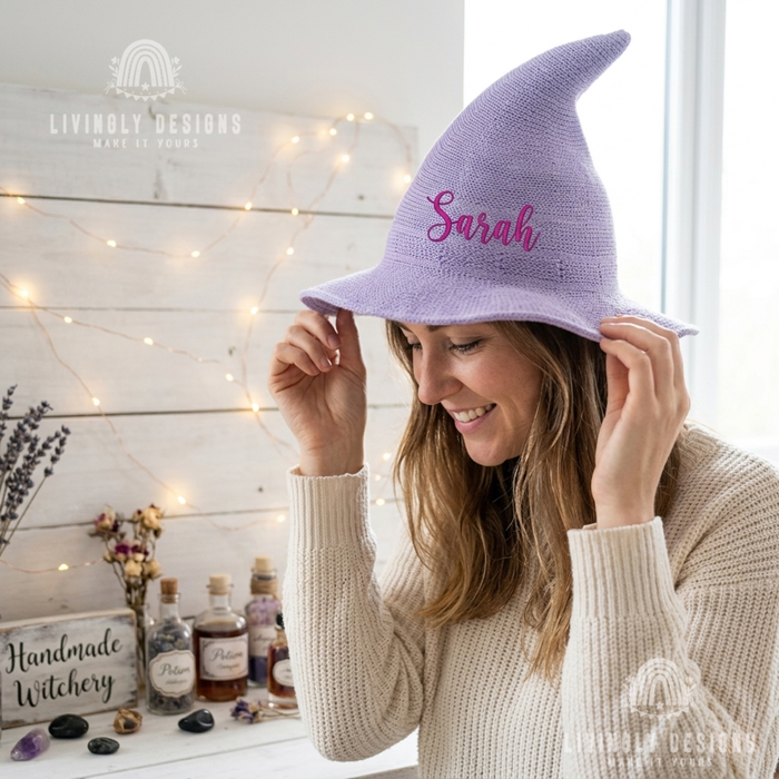 Personalized Embroidered Knit Witch Hat: Foldable Halloween Costume