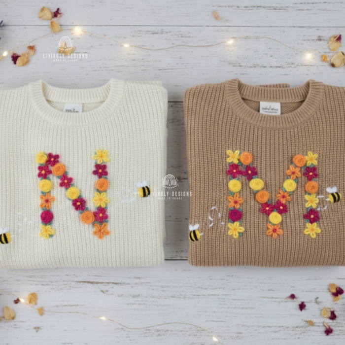 Custom Embroidered Baby Sweater: Fall Floral Bee Monogram