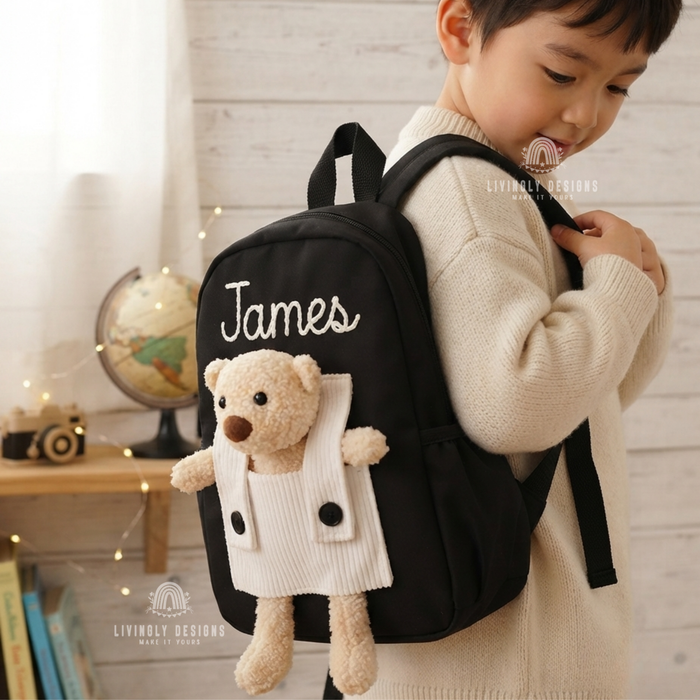 Personalized Hand-Embroidered Name Teddy Bear Backpack