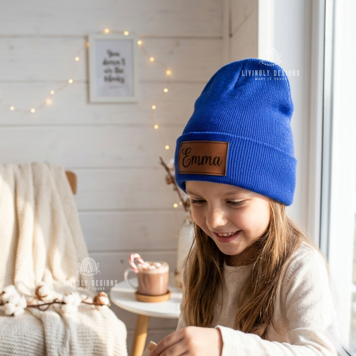 Custom Name Leather Patch Baby Beanie
