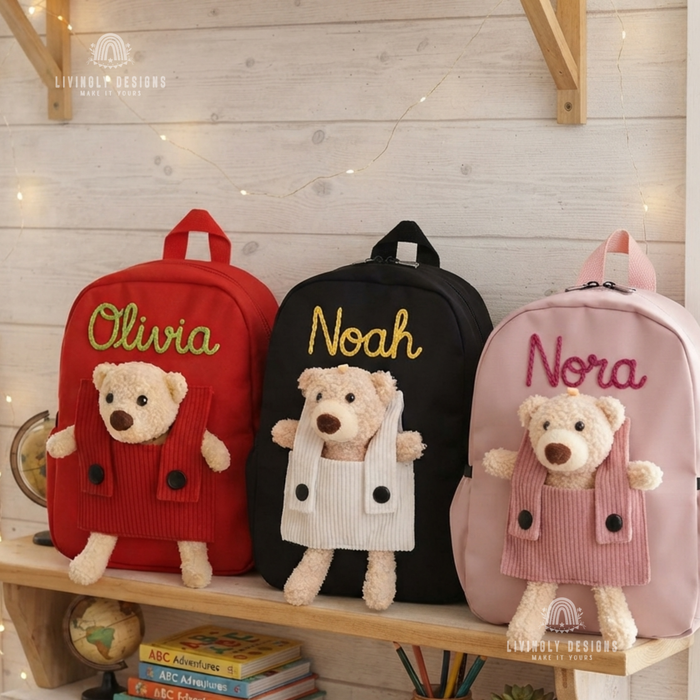 Personalized Hand-Embroidered Name Teddy Bear Backpack