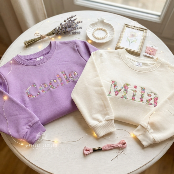 Personalized Floral Name Embroidered Kids Sweater