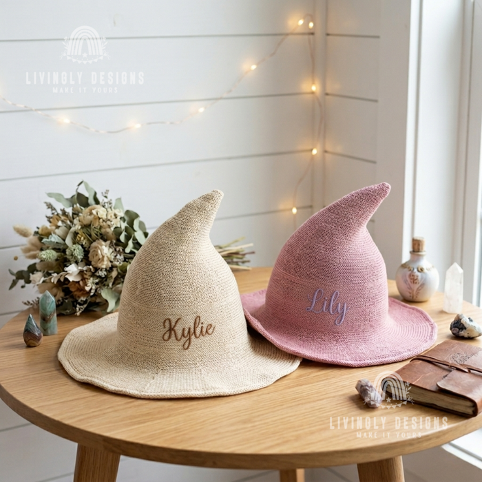 Personalized Embroidered Knit Witch Hat: Foldable Halloween Costume