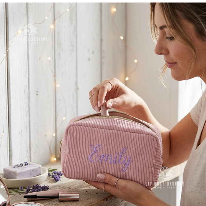 Embroidered Corduroy Makeup Bag