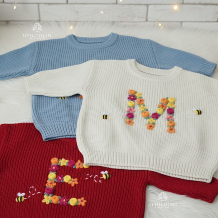 Custom Embroidered Baby Sweater: Fall Floral Bee Monogram