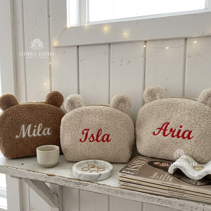 Custom Name Embroidered Plush Bear Travel Pouch