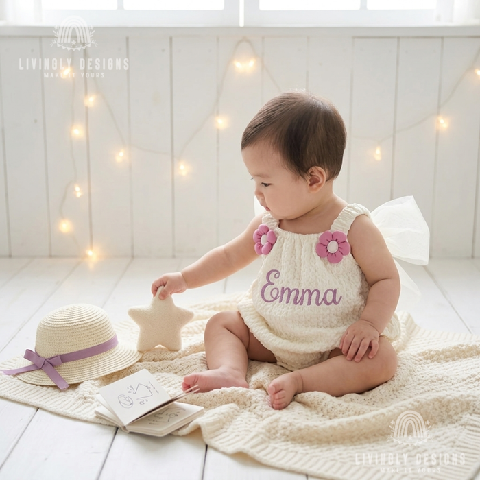 Baby sitting on a blanket next to a sunhat and book, wearing a white textured romper with mauve flower shoulder accents, tulle angel wings, and the name Emma embroidered in mauve script.