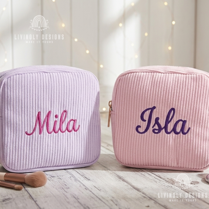 Lavender and pink corduroy makeup bags personalized with names Mila and Isla