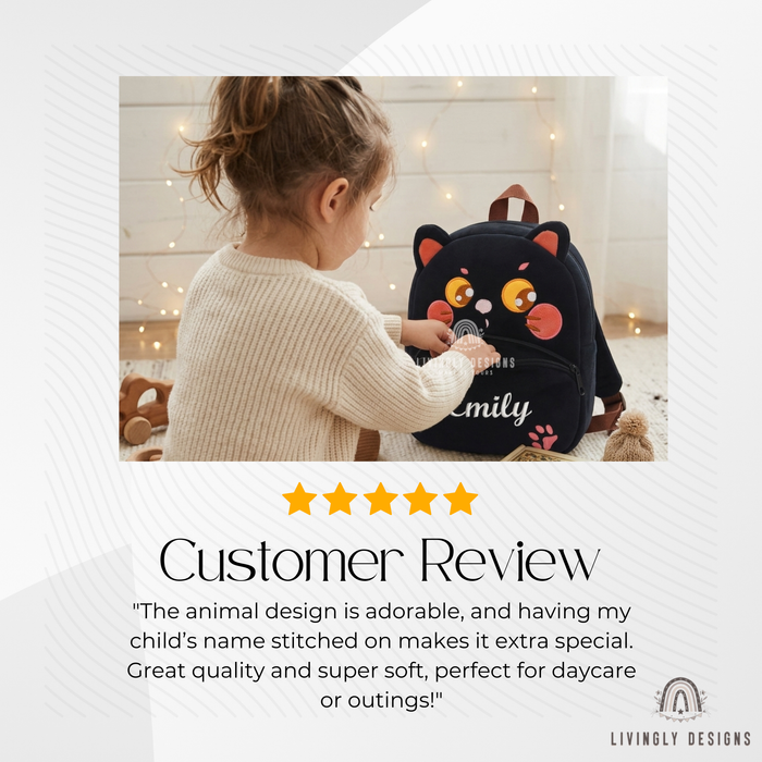 Child touching a black cat-shaped backpack named Emily.